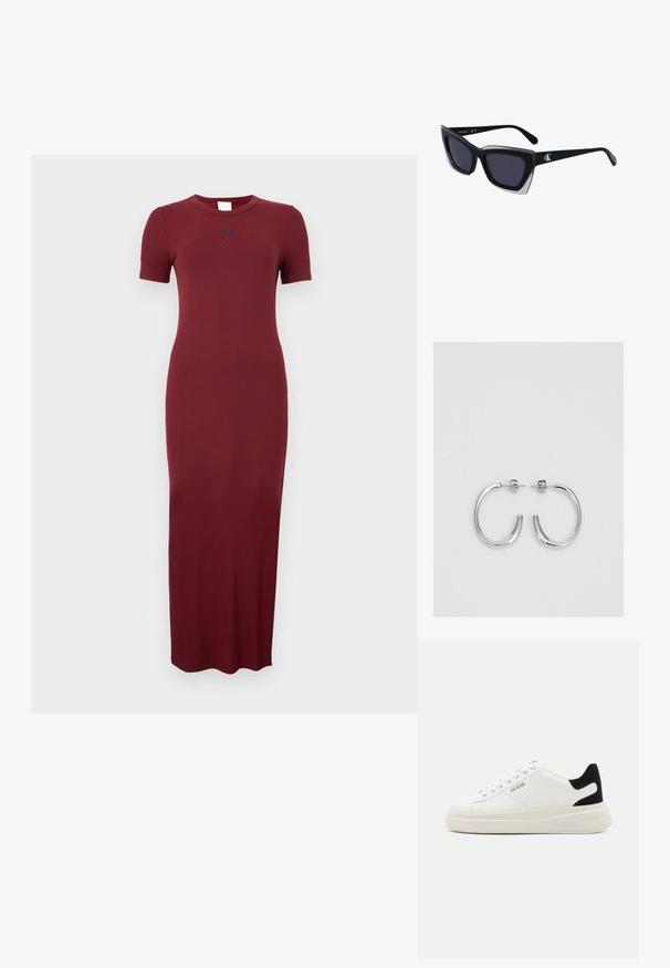 Burgundi ribivarrastest maksikleit lühikeste varrukatega, ümmargune kaelus ja peen logo detail rinnal. Sile tekstuur ja keha lähedane siluett.; Valged nahast tennisetossud paksu valge tallaga, musta sametist kontsakeeuga ja külje peal riigilogo reljeefne kujundus. Lukkeskeem kuue silmaauguga.; Mustad suured mustad prillid geomeetrilise kujuga, tumedate läätsedega ja kontrastse halli detailiga raamidel. Logo käe peal.; Hõbedased rõngaskõrvarõngad, millel on sile ja läikiv pind. Ümar kuju, kerge disain, millel on post-tagumise kinnituse süsteem.