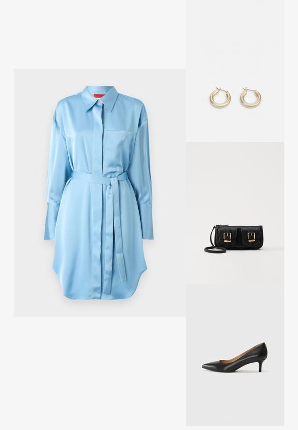 Himmelblaues Satinhemdkleid mit Kragen, Brusttasche, langen Ärmeln und einem passenden Bindegürtel an der Taille. Abgerundeteter Saum.; Schwarzer Lederpumps mit spitzem Zehenbereich, niedrigem Absatz und glatter Textur. Verfügt über eine leichte Öffnung an der Vorderseite und minimale Beschläge an der Rückseite.; Schwarze Leder-Umhängetasche mit zwei vorderen Taschen, goldenen Schnallen, Reißverschluss und einem schmalen Tragegurt. Texturierte Oberfläche und kompakte rechteckige Form.; Lauren Ralph Lauren BASIC SMALL HOOP - Ohrringe - gold-coloured