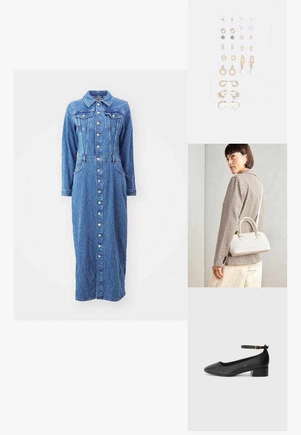 Denimu kleita ar pogu aizdari priekšpusē, garām piedurknēm, krūškurvja kabatām un pieguļošu vidukli, vidēji zilā izsmalcinātā tonī ar taisnu siluetu.; Melnas ādas sūkņi ar smailu purngalu un zemu bloku papēdi. Iezīmēts ar potītes siksniņu ar zelta krāsas sprādzi. Gluda tekstūra.; Balta strukturēta roku soma ar īsām rokturiem un plecu siksnu, ar zelta aparatūras akcentiem un strukturētu materiālu, izstādīta uz pelēka fona.; Zeltainā tonī auskari, kas iekļauj dažādus dizainus, tostarp pīrsingu, gredzenus un karājošus elementus ar pērlēm un rhinestones.