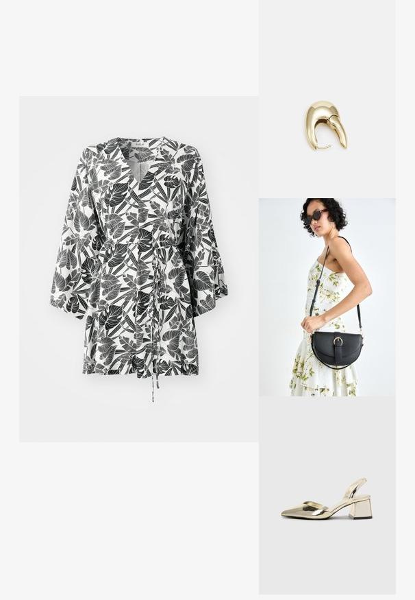 Replay Freizeitkleid - black/natural white; Goldene, metallische Slingback-Absätze mit spitzem Zeh und dicker Ferse. Glatte Textur, minimalistisches Design und ein schmaler Riemen.; Schwarze Lederhandtasche mit geschwungener Form, abnehmbarem Tragegurt und goldenen Beschlägen. Die Tasche verfügt über einen Deckel mit einer Schnallen-Details.; Ohrringe aus goldfarbenem Metall mit einem schlanken, geschwungenen Design. Sie verfügen über eine markante, spitze Form, eine polierte Oberfläche und einen Scharnierverschluss.