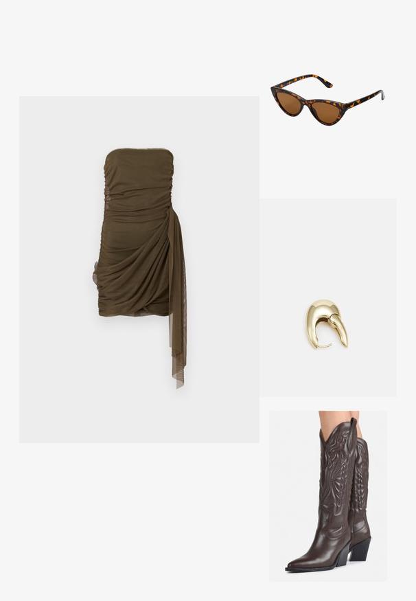 Robe mini drapée sans bretelles en vert olive, présentant une texture froncée et un volan sur le côté, fabriquée à partir d'un tissu léger et transparent.; Bottes de cowboy en cuir marron avec un bout pointu et un talon bloc, présentant des coutures détaillées et des accents en relief sur la tige.; Lunettes de soleil style œil de chat avec une monture en écaille de tortue noire et orange, verres marron et pointes effilées et élégantes. Présente un logo minimaliste sur la branche.; Boucle d'oreille en métal doré avec un design élégant et courbé. Présente une forme conique distinctive, une surface polie et une fermeture à charnière.