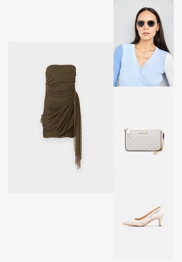 Bezramenné mini šaty s drapériou v olivovej zelenej farbe, s naberanou textúrou a bočným riasením, vyrobené z ľahkej, priehľadnej tkaniny.; Biele slingback topánky na podpätku s ostrou špičkou, hladkým vrchným materiálom, nízkym blokovým podpätkom a bočným výrezom s nastaviteľným remienkom na pracku.; Okrúhle slnečné okuliare s tmavými šošovkami a zlatým rámom. Modelka má na sebe svetlomodrý pletený kardigán s gombíkmi a bielymi rukávmi v kontraste.; Michael Kors zápästná taška v béžovej potiahnutej plátenej tkanine s opakujúcim sa vzorom loga MK, zlatým kovania a odnímateľným reťazovým popruhom.