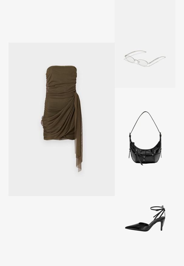 Brezramni drapirani mini obleki v olivno zeleni barvi, ki vsebuje nabran teksturo in stranski nabork, izdelana iz lahkega, prosojnega materiala.; Črne čevlje s črno konico in s peto, ki ima izrezljan dizajn ter nastavljiv gleženjski trak. Čevlji imajo gladko, sijočo površino in vitko peto.; Ovalna očala s kovinsko srebrnim okvirjem, prozornimi lečami in teksturiranimi perlastimi detajli na stenah. Lahka zasnova z ukrivljenimi ročaji.; Črna usnjena torba za ramo s krivuljasto obliko, okrašena z srebrnimi žebljički in šivi. Nastavljiv trak za prilagodljivost.