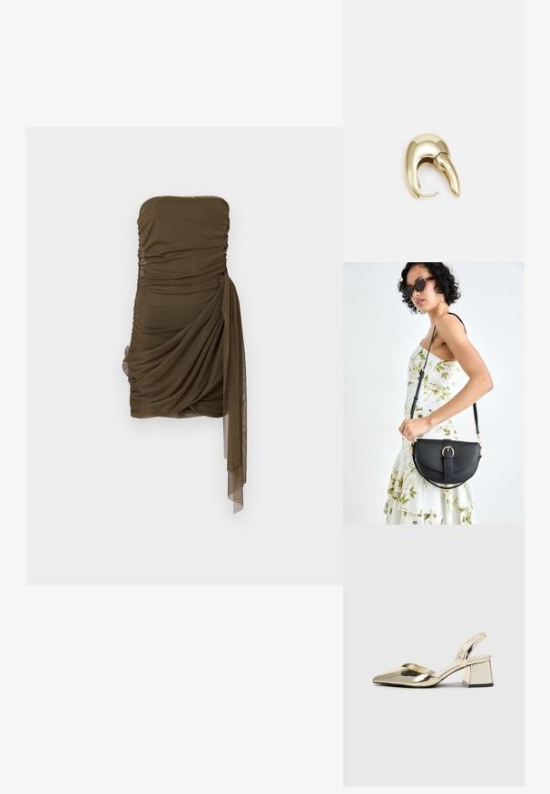 Kokkosõhuga, rippuv mini kleit oliivrohelises, millel on kogutud tekstuur ja külghelendus, valmistatud kergest ja läbipaistvast kangast.; Kuldne, metallilised slingback-kudumid terava varba ja paksu kontsaga. Sile tekstuur, minimalistlik disain ja kitsas rihm.; Mustmust mustraha kõverate joontega, eemaldatava rihmaga ja kuldsete detailidega. Kotil on klapp, millel on pandladetail.; Kuldtooni metallist kõrvarõngas, millel on elegantne ja kaarjas disain. Omab silmapaistvat teravat kuju, poleeritud pinda ja hingesulgemist.