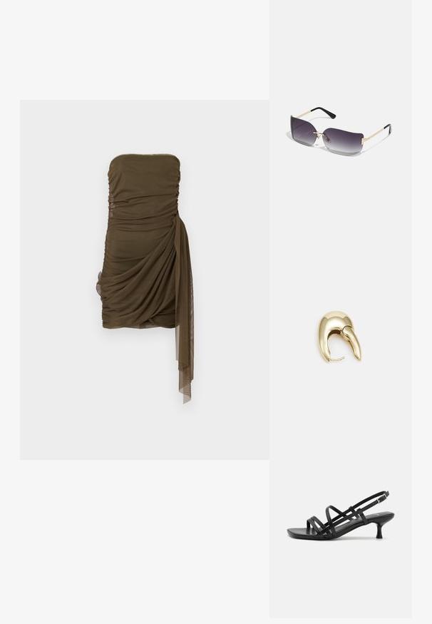 Olive green strapless mini dress dengan drape, menampilkan tekstur berkumpul dan ruffle di samping, terbuat dari kain ringan dan transparan.; Musta korkeakorkoiset sandaalit, joissa on useita ristikko-nauhoja. Sileä materiaali, teräväkärkinen malli ja kapea korko. Säädettävä nilkkahihna soljella.; Aurinkolasit, joissa on harmaan sävyttävä linssi, kultainen metallirunko ja mustat muoviyksityiskohdat. Yksilölliset perhosenkoukkutyyppiset linssit, joissa on ohuet varret.; Kultahipuinen korvakoru, jossa on sulavalinjainen, kaareva muotoilu. Ominaisuuksiin kuuluu erottuva terävä muoto, kiillotettu pinta ja sarana kiinnitys.
