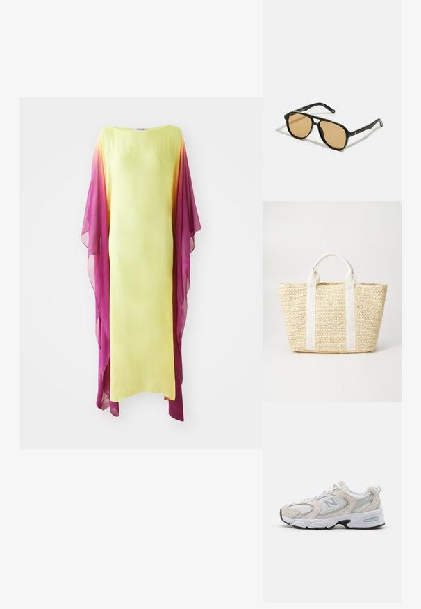 Žluté šaty s průhlednými rukávy v ombre růžové barvě. Jednoduchý rovný střih, do délky kolen, s hladkou texturou a splývavou látkou.; Atletická obuv s lehkým šedým síťovaným svrškem s semišovými akcenty, bílými tkaničkami a černou gumovou podrážkou. Výrazným detailem je tlumení ABZORB.; Černé sluneční brýle s hnědými tónovanými čočkami; obdélníkový tvar s tlustým rámem, včetně jemných kovových akcentů na stranách.; Tkaná slaměná taška v přírodní béžové barvě, s bílými textilními uchy se vzorovanými detaily, strukturovaným tvarem a otevřeným vrchem.
