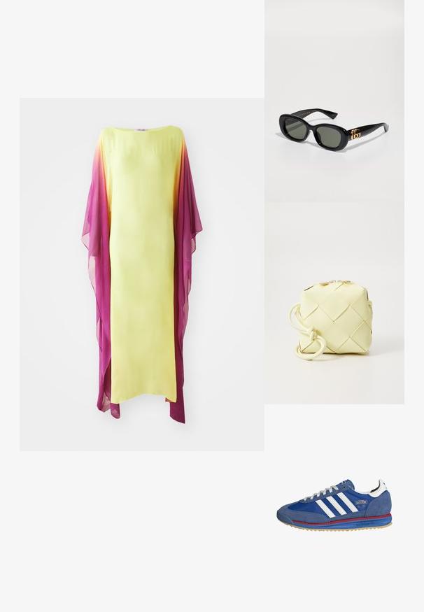 Gul kjole med gennemsigtige, ombre pink ærmer. Enkel lige design, knælængde, med glat tekstur og flydende stof.; Blå ruskinds sneakers med hvide striber, røde og blå accenter og en gummisål. Funktioner i tekstureret stof og et klassisk atletisk design.; Sorte plastiksolbriller med grønne linser, der har en oval form og gulddetaljer på stængerne. Glat overflade og blank finish.; Gul, vævet håndtaske med firkantet design, der har en glat tekstur, dekorativ knyttet rem og hardware i guldfarve.