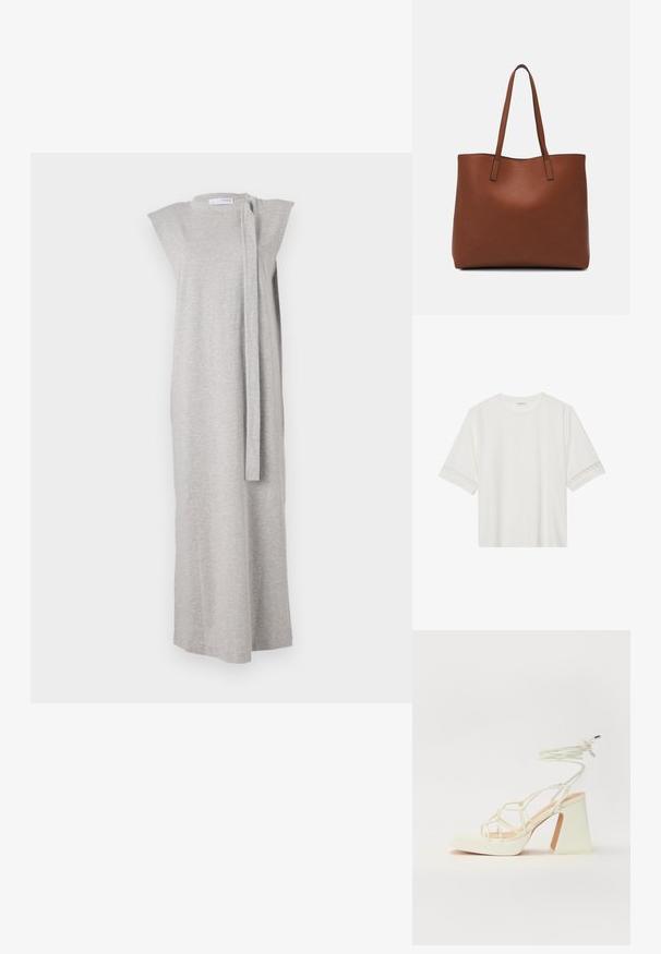 Hall grey-sinise kleit pehmest kangast, sirge silueti, paadi kaela ja külgmise sidumise detailiga sulgemiseks.; Valge lühikese varrukaga T-särk, mis on valmistatud puuvillast, kaunistatud pitsiga varrukate ääres ja ümmarguse kaelusega.; Valged kõrge kontsaga sandaalid, millel on paks konts ja rihmadega disain koos pahkluu sidumisega. Sile tekstuur ja platvorm ees, et lisada kõrgust.; Pruun nahast tote-kott, millel on sile tekstuur, avatud ülaosa disain ja kaks õlarihma. Omab minimaalset õmblust ja nähtavat riistvara ei ole.