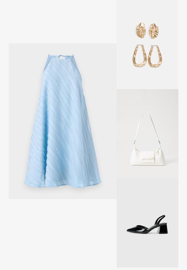 Heled sinine ilma varrukateta kleit, millel on kaela kinnitusega disain. Omab diagonaalseid tekstuuriga triipude mustreid ja voolavat A-line siluetti.; Mustad musta lakknahk kingad, millel on terav varvas ja geomeetriline plokkkonts. Omab elegantselt minimalistlikku disaini ja sujuvat tekstuuri.; Valge sünteetilisest materjalist kott kolmnurkse kujuga, lame esiklapiga ja kaaredetailiga, reguleeritava rihmaga, sileda tekstuuriga ja minimalistliku disainiga.; Kuldse värvi kõrvarõngad, mis on kaunistatud tekstuursete ja laineliste kujunditega. Komplektis on skulpturaalsed klamber kõrvarõngad ja avatud rõngasdisain, millel on lõhestatud viimistlus.