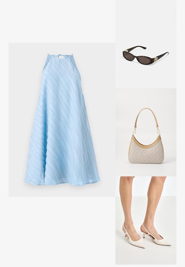 Lichtblauwe mouwloze jurk met een halternek ontwerp. Kenmerkt diagonale textuurstrepen en een vloeiende A-lijn silhouet.; Beige gepatineerde leren slingback hakken met een spitze neus en een hak van 5 cm, met uitsparingen aan de zijkanten en een dunne enkelband.; Schildpadbril met langwerpige ovale lenzen, bruine tint, gouden logo-accenten op de pootjes en slanke zwarte armen.; Beige handtas met een patroon en een gebogen vorm, leren accenten en een goudkleurig logo aan de voorkant. Beschikt over een kort handvat voor gemakkelijk dragen.