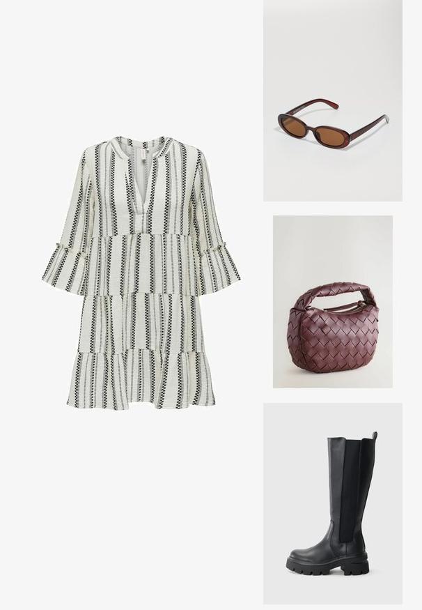 Black and white striped dress with a V-neck and flared sleeves. Features tiered design, textured fabric, and contrasting patterns throughout.; Black knee-high boots featuring a smooth leather exterior and contrasting elastic side panels. Chunky rubber sole with pronounced tread.; Round, brown-tinted sunglasses with a glossy burgundy frame. Slim arms with subtle branding detail. Flat lens design.; Woven burgundy leather handbag with a rounded body, thick handle, and zippered opening. Features a smooth texture and interlaced pattern.