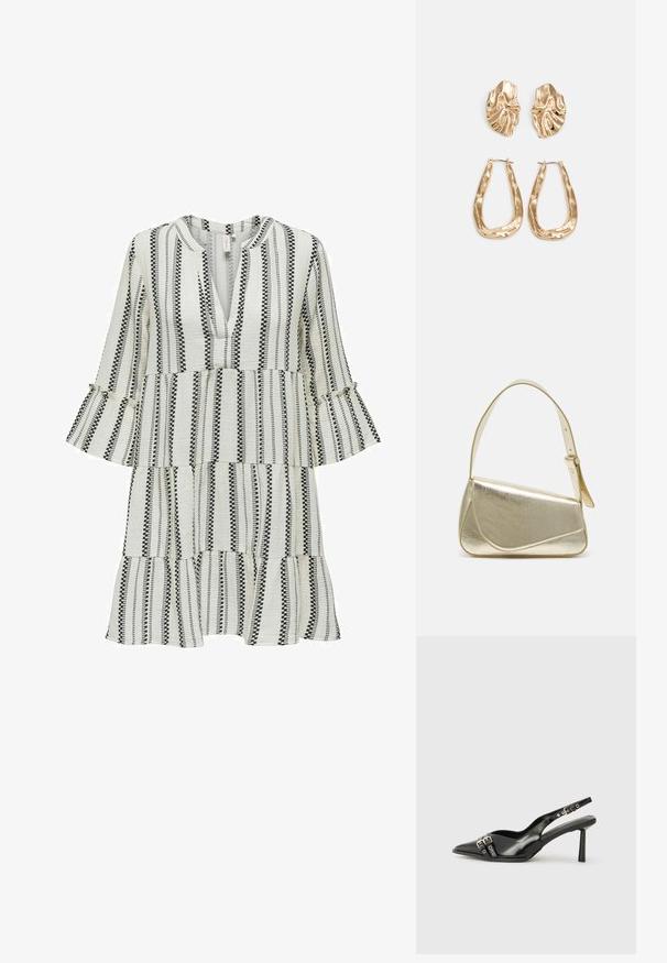 Black and white striped dress with a V-neck and flared sleeves. Features tiered design, textured fabric, and contrasting patterns throughout.; Black patent leather slingback shoe with pointed toe, ankle straps featuring silver buckles and hardware, and a slender heel.; Gold metallic handbag with a structured design, smooth texture, and adjustable strap. Features a unique triangular shape and minimalist stitching.; Gold-tone earrings featuring textured, wavy shapes. Includes sculptural clip-on studs and open hoop design with a hammered finish.