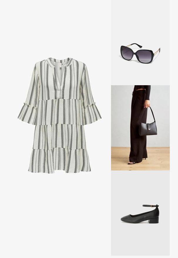 Black and white striped dress with a V-neck and flared sleeves. Features tiered design, textured fabric, and contrasting patterns throughout.; Black leather pump with a pointed toe and a low block heel. Features an ankle strap with a gold-tone buckle. Smooth texture.; Black oversized sunglasses with gradient lenses, thick frames, and gold-tone chain detailing on the temple arms.; Black handbag with structured shape, smooth texture, and a metallic clasp. Paired with wide black pants and open-toe sandals on wooden floor.