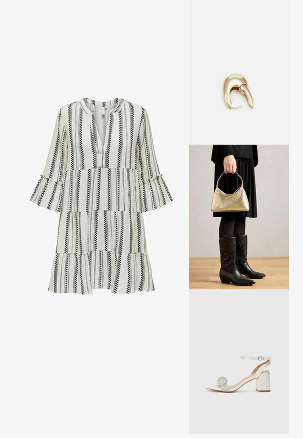 Schwarz-weiß gestreintes Kleid mit V-Ausschnitt und ausladenden Ärmeln. Verfügt über ein gestuftes Design, strukturierte Stoffe und kontrastierende Muster.; Weißer Offene-Toe-Sandalette mit dicker Blockabsatz, ausgestattet mit einem strukturierten Glitzerband über dem Fuß und einem verstellbaren Knöchelriemen.; Goldfarbene Handtasche mit strukturierter Oberfläche in geschwungener Form und kurzem Griff, gehalten von einer Person in einem schwarzen plissierten Rock und schwarzen Leder-Stiefeln im Cowboy-Stil.; Ohrringe aus goldfarbenem Metall mit einem schlanken, geschwungenen Design. Sie verfügen über eine markante, spitze Form, eine polierte Oberfläche und einen Scharnierverschluss.