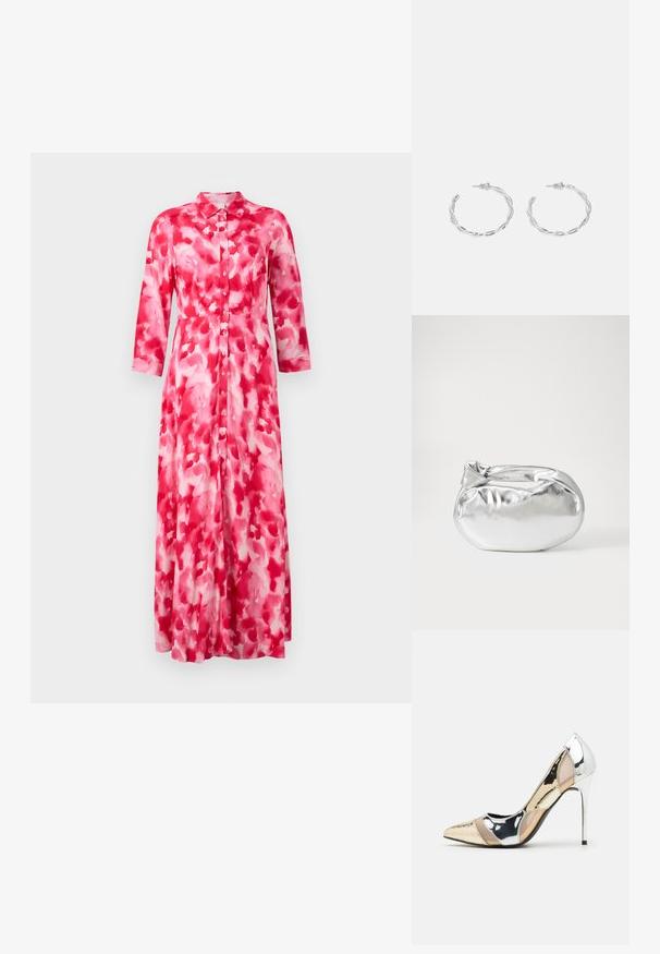 Dolga obleka s cintom v rožnatih odtenkih z akvarelnim vzorcem. Ima ovratnik in dolge rokave, izdelana je iz lahkega materiala.; Čevlji z visoko peto in konico, v barvni kombinaciji srebrne, zlate in nude. Sijajna obdelava z izrezljanim dizajnom, z igličasto peto.; Srebrna kovinska torbica z mehko, zaobljeno obliko in zavezano zgornjo zaporo. Narejena iz gladkega umetnega usnja.; Srebrni uhani v obliki obročka s spiralnim dizajnom, ki imajo sijajno površino in zapiralo na zadnji strani. Mere znašajo približno 3 cm v premeru.