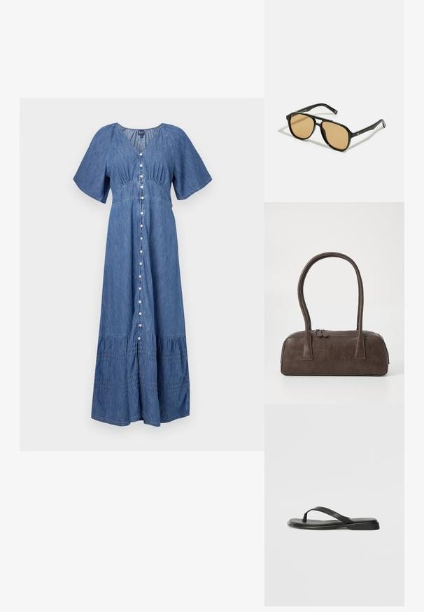 Džínové maxi šaty s výstrihom do V, krátkymi rukávmi, zapínaním na gombíky a volánovým lemom. Farba: modrá. Mäkkučký materiál so záhybmi.; Čierne šľapky vyrobené z hladkej kože, s tenkým pásikom a plochou podrážkou s minimalistickým profilom. Bez výrazných vzorov alebo akcentov.; Čierne slnečné okuliare s hnedými farebnými šošovkami; obdĺžnikový tvar s hrubým rámom, vrátane jemných kovových akcentov na stranách.; Hnedá kožená kabelka s dvoma pevným uchami, obdĺžnikovým tvarom, hladkým povrchom a zipsovým uzáverom. Minimalistický dizajn bez viditeľných vzorov.