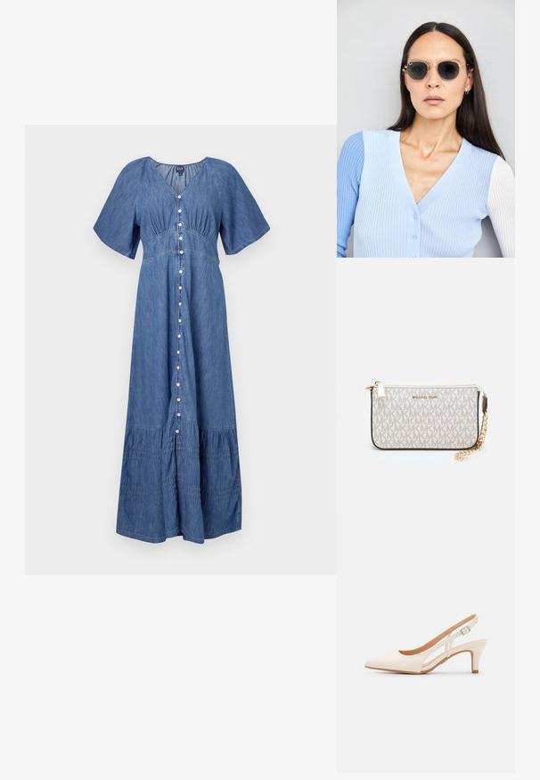 Denim maxi-kjole med V-hals, korte ermer, knappestolpe foran og volangkant. Farge: blå. Myk tekstur med samlet detaljer.; Hvit slingback-hel med spiss tå, glatt overmateriale, lav blokkhelt, og cut-out-design på siden med justerbar spenne.; Runde solbriller med mørke linser og guldrammer. Modellen har en lyseblå, ribbet cardigan med knapper og kontrast hvide ærmer på.; Michael Kors håndleddsveske i beige belagt kanvas med et gjentakende MK-logo mønster, gullfarget maskinvare og en avtakbar kjede-rem.