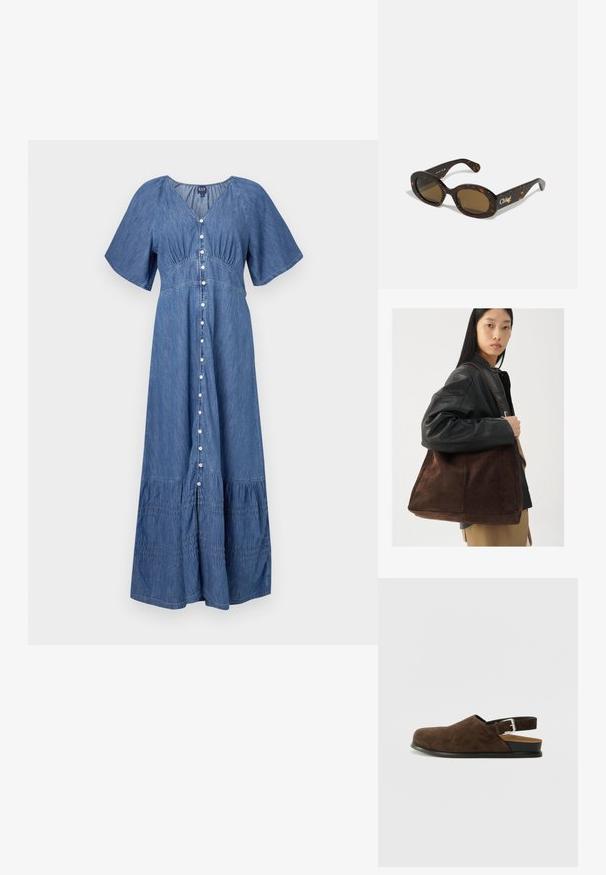 Denim maxi-jurk met een V-hals, korte mouwen, knoopsluiting aan de voorkant en een gerimpelde zoom. Kleur: blauw. Zachte textuur met gathered accenten.; Bruin suède instapper met een lage hak, een verstelbare band met een zilveren gesp en een zwarte rubberen zool.; Schildpadbril met ovale monturen, bruin getinte lenzen en "Chloé" merk op de arm. Gladde plastic materiaal met een glanzende afwerking.; Bruine suède tote bag met een brede vorm en zachte textuur, voorzien van een enkele schouderband en minimale hardware tegen een neutrale achtergrond.