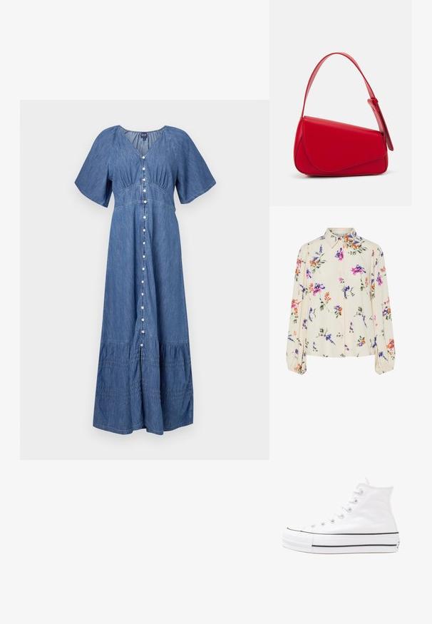 Denim maxiklänning med V-ringning, korta ärmar, knappstängning fram och volangsåg. Färg: blå. Mjuk textur med rynkade detaljer.; Blommig blus med långa puffärmar, ljus krämfärgad bas, med lila, orange och gröna blommönster, samt klassisk krage.; Vit hög topp canvas sneaker med svart gummisulan, framsidan gummitåhätta och sex öglor för snören, med en ren, minimalistisk design.; Röd läderhandväska med en vinkelrät, geometrisk design. Har ett justerbart axelband och en klaffstängning med sydda detaljer.