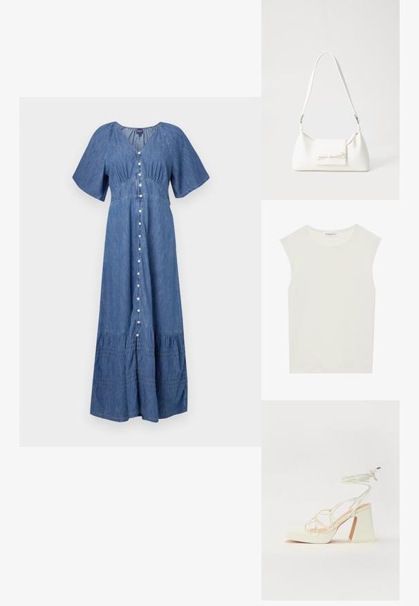 Denim maxi-jurk met een V-hals, korte mouwen, knoopsluiting aan de voorkant en een gerimpelde zoom. Kleur: blauw. Zachte textuur met gathered accenten.; Witte mouwloze top met een ronde halslijn. Gemaakt van gladde stof, het heeft een losse pasvorm en een minimalistisch ontwerp. Geen patronen of accenten.; Witte hoge hakken sandaal met een chunky hak, met een bandjesontwerp en enkelband. Gladde textuur met een plateau voor extra hoogte.; Witte synthetische handtas met een driehoekige vorm, platte voorklep en strikdetail, verstelbare schouderriem, gladde textuur en minimalistisch ontwerp.