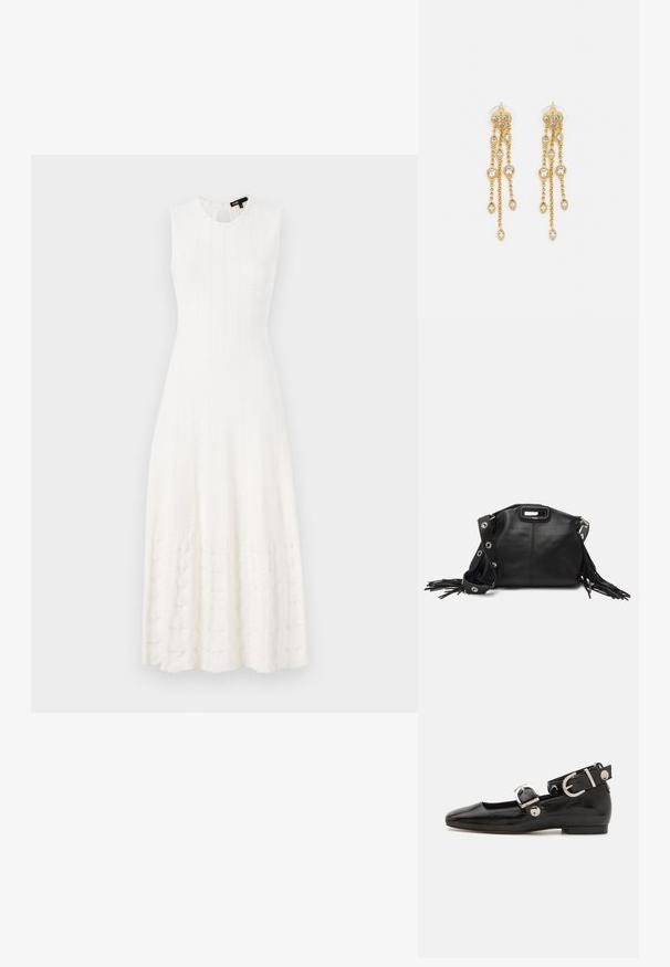 Maje RIPERLA - Nappali ruha - blanc; Fekete lakkbőr lapos cipő négyzet alakú orral, ezüst hardware-rel ellátott bokapánttal és lapos talppal. Simaságával és minimalista dizájnjával kiemelkedő.; Maje MISS MINI - Keresztpántos táska - noir; Aranyszínű fülbevalók, több zuhanó lánccal, tiszta ovális strasszköves díszítéssel és dekoratív fülbevaló tetejével.