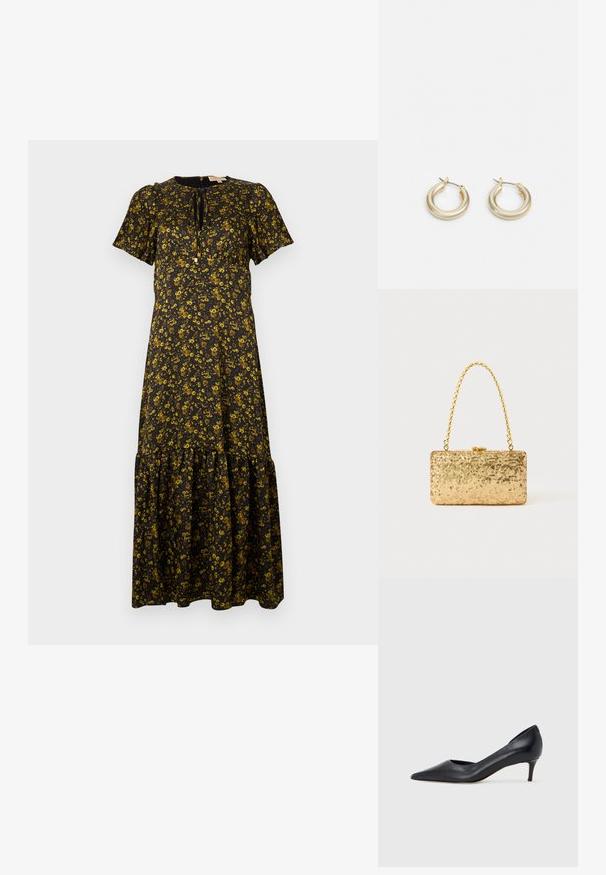 Vestido maxi floral com mangas curtas, base preta, flores amarelas, decote redondo, barra em camadas e detalhe para atar no pescoço.; Sapato de salto alto preto em pele com bico fino e salto baixo. Apresenta uma textura suave e brilho subtil. Corte aberto na parte da frente para um detalhe adicional.; Clutch dourada em lantejoulas com formato retangular, apresentando uma alça de corrente torcida e um fecho de metal, refletindo a luz com um acabamento texturizado.; Lauren Ralph Lauren BASIC SMALL HOOP - Brincos - gold-coloured