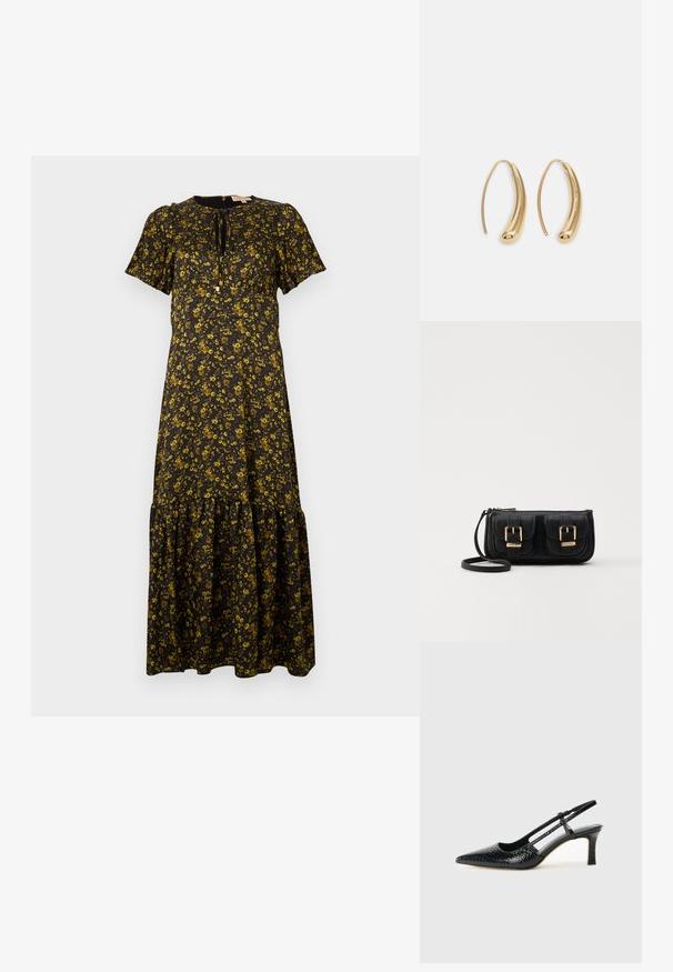 Kwiatowa sukienka maxi z krótkimi rękawami, czarne tło, żółte kwiaty, okrągły dekolt, warstwowy dół i szczegół w postaci wiązania przy szyi.; Czarne lakierowane czółenka na obcasie typu slingback z wąskim noskiem, z teksturowanym wzorem wężowym, regulowanym paskiem oraz krótkim, teksturowanym obcasem w kształcie słupka.; Czarna skórzana torba na ramię z dwoma przednimi kieszeniami, złotymi klamrami, zamkiem błyskawicznym i cienkim paskiem. Teksturowana powierzchnia i kompaktowy prostokątny kształt.; Złote metalowe kolczyki w kształcie obręczy o zakrzywionym, wydłużonym kształcie. Posiadają gładką, błyszczącą powierzchnię oraz zaokrąglony koniec dla dodatkowego efektu.