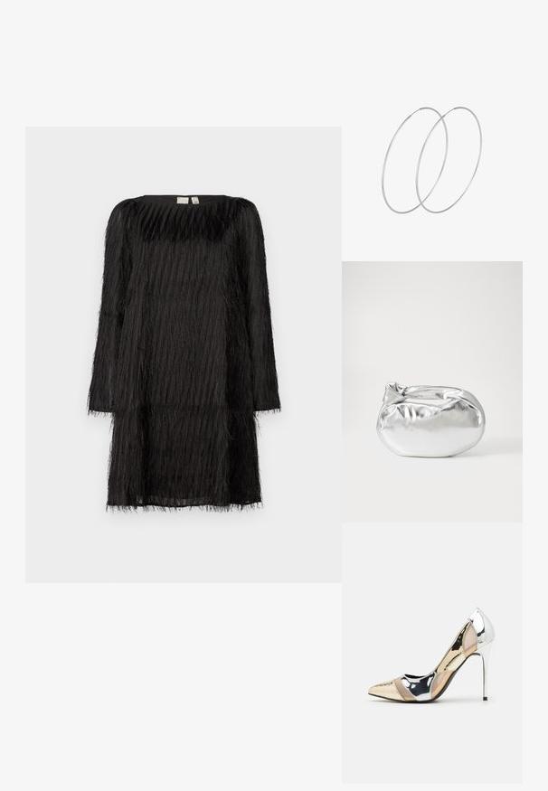 Melna kleita ar teksturētu, frizētu dizainu, garām piedurknēm un apaļu kakla izgriezumu. Audums izskatās caurspīdīgs ar vieglu siluetu.; Apspīlēta augstpapēžu kurpe ar zeltītu, sudrabi un neitrālu krāsu kombināciju. Spīguļojoša virsma ar izgriezuma dizainu, aprīkota ar stiletto papēdi.; Sudraba metāliska poga somiņa ar mīkstu, noapaļotu formu un mezgla augšējo aizdari. Izgatavota no gludas mākslīgās ādas materiāla.; Sudraba gredzenveida auskari ar minimālistisku dizainu. Cirkulāra forma, gluda tekstūra un plāns profils. Vieglu svaru ar spīdīgu apdari.