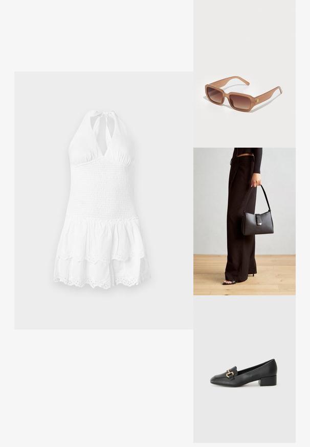 Balts halterveids kleita ar smalku korseti un slāņotu svārku. Tam ir viļņota apakša un acs raksts apakšējā daļā. Mīksta kokvilnas tekstūra.; Melnas ādas loafers ar plakanu papēdi, kurām priekšā ir dekoratīvs zelta aparatūras elements un gluda tekstūra.; Brūnas taisnstūra saulesbrilles ar gradāciju lēcām, biezām rāmī, un logotipa detaļu sānos. Gluda plastmasas materiāla, minimālisma dizains.; Melnā somiņa ar strukturētu formu, gludu tekstūru un metālu sprādzi. Saskaņota ar platām melnām biksēm un sandālēm ar atvērtu purngalu uz koka grīdas.