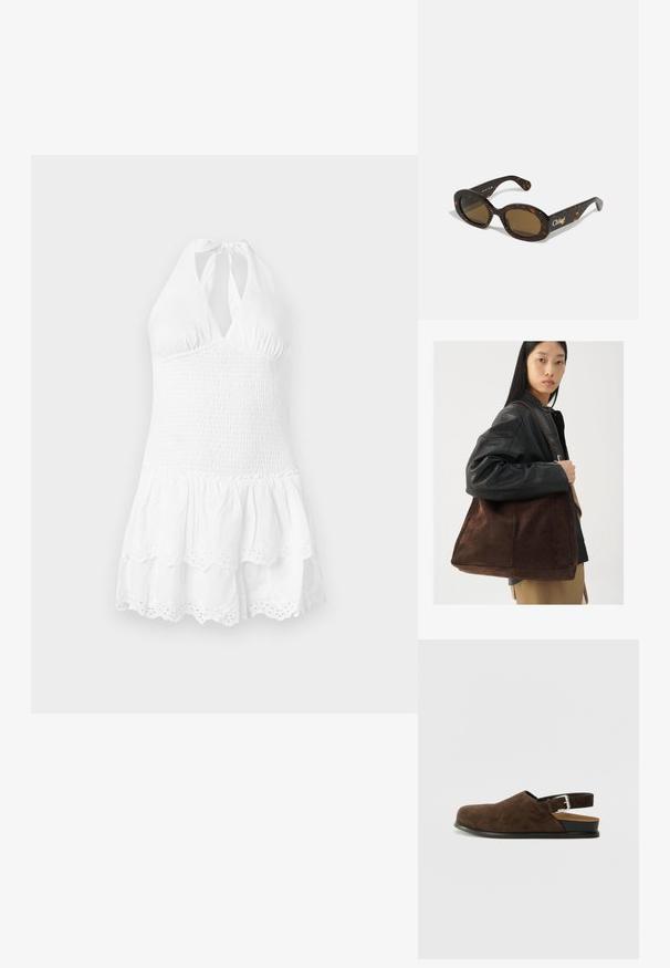Valkoinen alusmekko, jossa on smokkivartalo ja kerroksellinenhelma. Ominaisuuksiin kuuluu aallotettu helma ja nyöriäitityksen yksityiskohtia alareunassa. Pehmeä puuvillapinta.; Ruske nubuk-slip-on sko med lav hæl, justerbar rem med en sølvspænde og en sort gummi-sål.; Silmäänpistävät kilpikonnakuosisunglasses, joissa on ovaalit kehykset, ruskeat tummennetut linssit ja "Chloé"-brändäys varressa. Silkkinen muovimateriaali kiiltävällä pinnalla.; Ruskea mokkanahkainen kassi, joka on leveä ja pehmeä tekstuuri, varustettuna yhdellä hihnalla ja minim hardwarella neutraalissa ympäristössä.