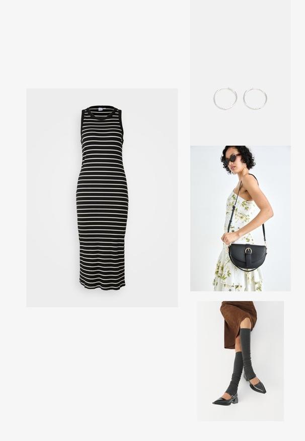 Gap Tall MIDI DRESS - Žerzejové šaty - black; Černé lakované boty s špičatou špičkou, blokovým podpatkem a kotníkovým páskem, spárované s šedými žebrovanými návleky na nohy a hnědskou sukní z semiše.; Černá kožená kabelka s křivkovým tvarem, odnímatelným popruhem a zlatými detaily. Kabelka má klopu s přezkou.; Stříbrné kruhové náušnice s elegantním, kulatým designem, s hladkým povrchem a bez viditelných ozdob. Průměr není specifikován.