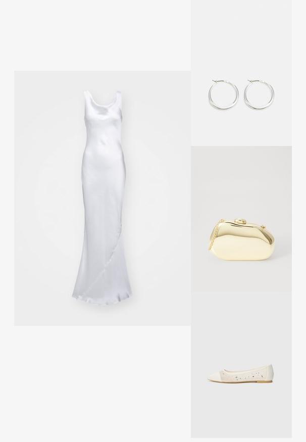 Norma Kamali MARIA GOWN - Společenské šaty - snow white; Béžové ploché boty s špičatou špičkou z krémové kůže s průhledným svrškem posetým třpytivými kamínky. Měkká podrážka pro maximální pohodlí, minimalistický design.; Metalická zlatá kabelka s hladkým, zaobleným tvarem, opatřená horním zapínáním na knoflík a malým řetízkovým popruhem pro nošení.; Stříbrné kroužkové náušnice mají hladký, zaoblený design s tenkým profilem a bezpečným zapínáním. Minimalistický styl s lesklým povrchem.