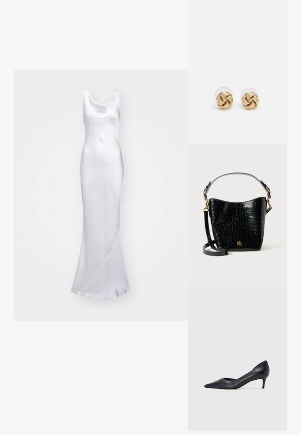 Norma Kamali MARIA GOWN - Festklänning - snow white; Svart läderpumps med spetsig tå och låg klack. Har en slät textur och subtil glans. Öppet utskuret fram för extra detalj.; Svart krokodilpräglad läderväska med en bågformad design, guldfärgade detaljer, en justerbar rem och en logodetalj framtill.; Orrhängen i guldton med en knutdesign. Varje örhänge har en cirkulär klar baksida för säker användning.