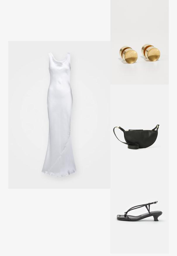 Norma Kamali MARIA GOWN - Proginė apranga - snow white; Juodas odinis šlepetės su plonomis dirželiu, mažu blokuoju kulnu ir kvadratiniu pirštu. Yra sagties uždarymas ir lygus paviršius.; Juodas odinis per petį nešiojamas krepšys pusmėnuliu, su tekstūruota paviršiumi, auksiniu užtrauktuku ir plokščiu dirželiu. Kompaktiškas dizainas, tinkantis būtiniausiems daiktams.; Aukso metaliniai auskarai su paprasta apvalia forma, pasižymintys lygiu paviršiumi ir centriniu poliruotu juosteliu. Išmatavimai maždaug 1 cm skersmens.
