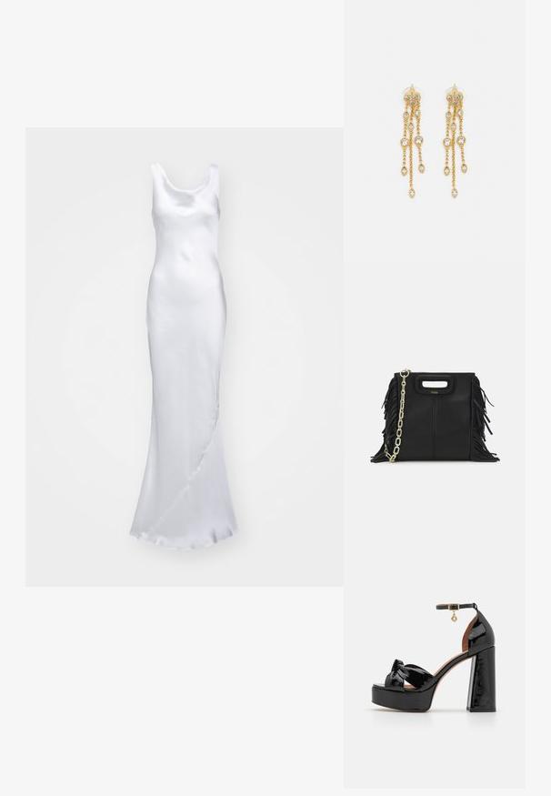 Norma Kamali MARIA GOWN - Îmbrăcăminte de ocazie - snow white; Maje Sandale cu toc - noir; Geantă de mână din piele neagră cu detalii din franjuri, curea de umăr din lanț auriu și un mâner cu tăietură. Prezintă plasarea logo-ului pe față.; Cercei aurii cu multiple lanțuri suspendate, având accente din rhinestone ovale clare și capete decorative cu tighel.