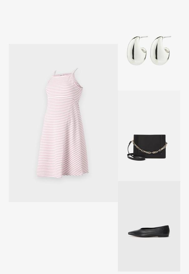 Ribetega kleit õhukeste rihmadega, valmistatud kergest kangast, millel on horisontaalsed roosad triibud valgel taustal, laieneva seeliku disain.; Musthave mustris balletkingad, terav nina, minimaliseeritud disain, sile pind, madal konts, ilma nähtava riistvara või kaunistusteta.; Mustast nahast õlakott, mis omab siledat tekstuuri, ristküliku kuju ning esiküljel metallketi detaili. Reguleeritav rihm on kaasas.; Hõbedast metallist kõrvarõngad, millel on sile, ümar pisarakujuline kuju ja poleeritud viimistlus, ning turvaliseks kandmiseks on neil klambrikinnitus.