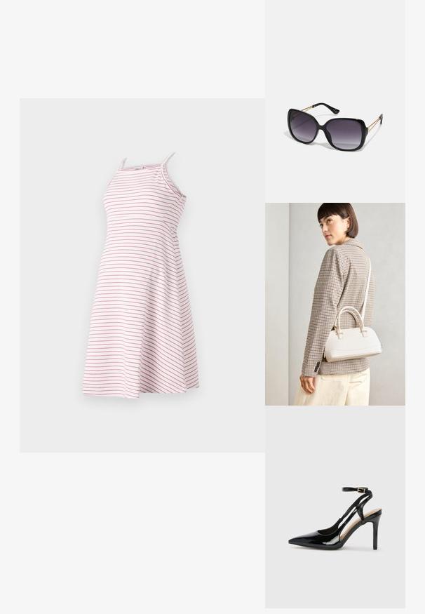 Csíkos ruha vékony pántokkal, könnyű anyagból készült, horizontális rózsaszín csíkokkal fehér alapon, harang szoknya kialakítással.; Fekete lakkbőr magassarkú, slingback cipő, hegyes orral, állítható bokapánttal és nyitott oldalakkal. Simító felület.; Fekete, oversize napszemüveg fokozatos árnyalatú lencsékkel, vastag kerettel és arany színű lánc díszítéssel a szárakon.; Fehér, strukturált kézitáska rövid füllel és vállpánttal, arany színű fém kiegészítőkkel és texturált anyagból, szürke háttér előtt bemutatva.