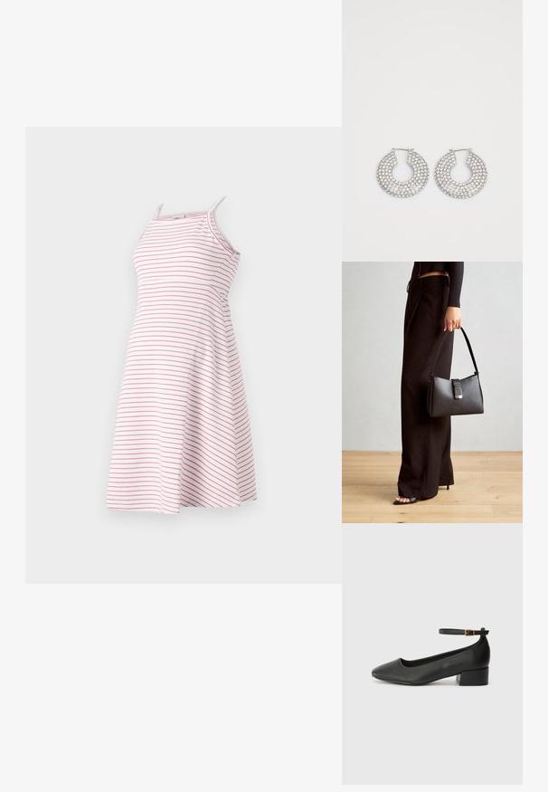 Striped dress with thin straps, made from a lightweight fabric, featuring horizontal pink stripes on a white background, flared skirt design.; Black leather pump with a pointed toe and a low block heel. Features an ankle strap with a gold-tone buckle. Smooth texture.; Black handbag with structured shape, smooth texture, and a metallic clasp. Paired with wide black pants and open-toe sandals on wooden floor.; Silver hoop earrings adorned with multiple clear crystal embellishments, featuring a textured surface and an open circular design.