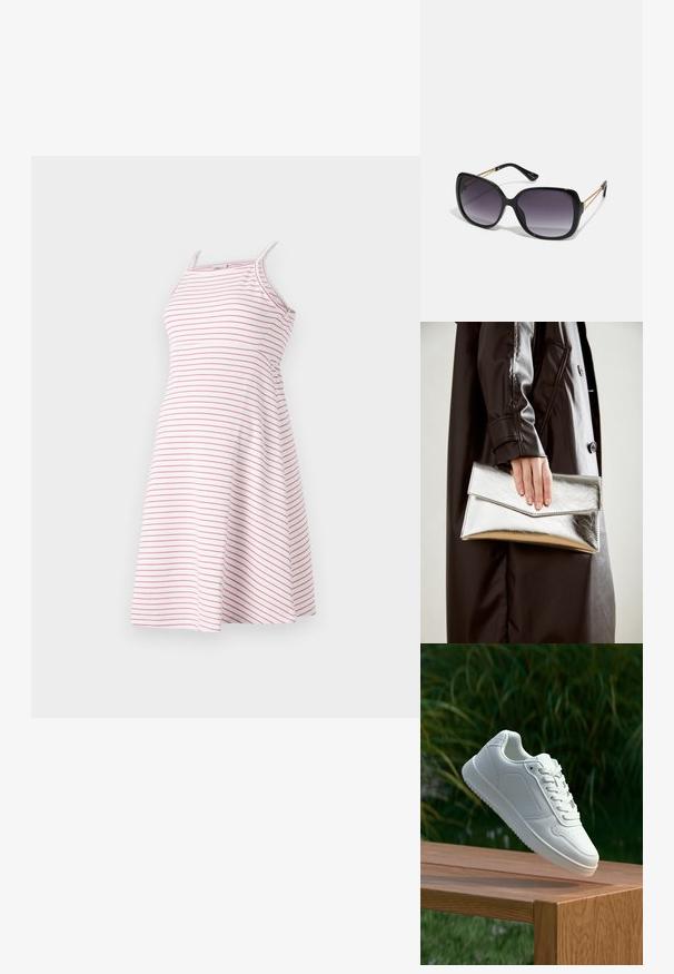 Striped dress with thin straps, made from a lightweight fabric, featuring horizontal pink stripes on a white background, flared skirt design.; White sneaker with a smooth synthetic upper, perforated toe box, flat laces, and a textured sole, displayed on a wooden surface.; Black oversized sunglasses with gradient lenses, thick frames, and gold-tone chain detailing on the temple arms.; Silver metallic clutch with an angular envelope design, smooth texture, and contrasting interior color, held in a hand wearing a black coat.