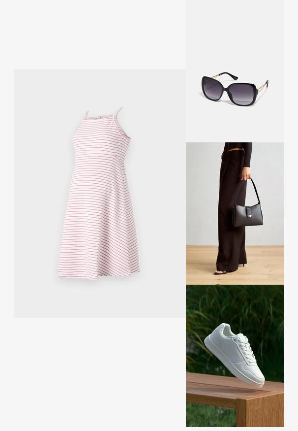 Svītrota kleita ar plānām siksniņām, izgatavota no viegla auduma, ar horizontālām rozā svītrām uz baltas fona, ar izplestām svārku formām.; Baltie sporta apavi ar gludu sintētisku augšpusi, perforētu pirkstu daļu, plakani šņorēm un rakstainu zoli, novietoti uz koka virsmas.; Melni pārmērīgi lieli saulesbrilles ar gradāciju lēcām, biezām rāmja malām un zeltainas krāsas ķēžu detaļām uz tempļiem.; Melnā somiņa ar strukturētu formu, gludu tekstūru un metālu sprādzi. Saskaņota ar platām melnām biksēm un sandālēm ar atvērtu purngalu uz koka grīdas.