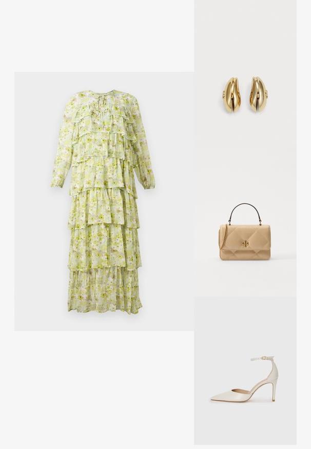 Rochie maxi stratificată dintr-un material ușor, cu modele florale în nuanțe de verde și galben, mâneci lungi și decolteu rotund.; Pantofii înalți din piele albă, cu vârf ascuțit, curea la gleznă și toc subțire de tip stiletto. Textură netedă cu un finisaj subtil lucios.; Geantă de mână din piele bej matlasată, cu accesorii aurii, curea din lanț și un mâner superior. Dispune de un capac frontal și detalii cu logo-ul emblematic.; Cercei aurii cu un design curbat și fluid. Fiecare cercei are o suprafață netedă și un mic sistem de prindere cu un detaliu decorativ.