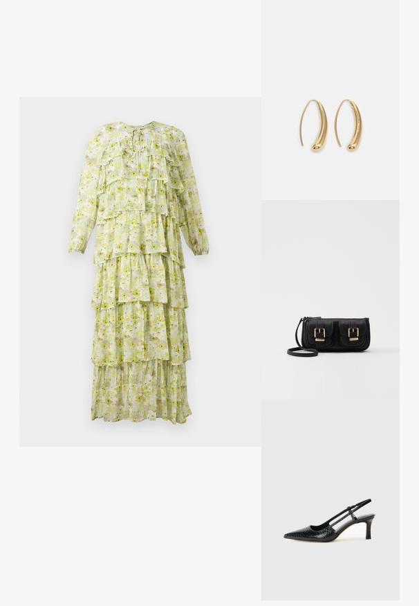 Kārtu maksi kleita, izgatavota no viegla auduma, ar ziedu rakstiem zaļās un dzeltenās krāsās, garām piedurknēm un apaļu kakla izgriezumu.; Melna patent āda ar slīdošo papēdi un smailo purngalu, ar teksturētu čūsku drukājumu, regulējamu siksniņu un īsu teksturētu blokpapēdi.; Melnas ādas crossbody soma ar divām priekšējām kabatām, zelta sprādzēm, ar rāvējslēdzēju aizdari un šauru siksnu. Strukturēta virsma un kompakta taisnstūra forma.; Zelta toņu metāla gredzena auskari ar izliektu, pagarinātu formu. Ar gludu, spīdīgu virsma un noapaļotu galu papildu detaļām.