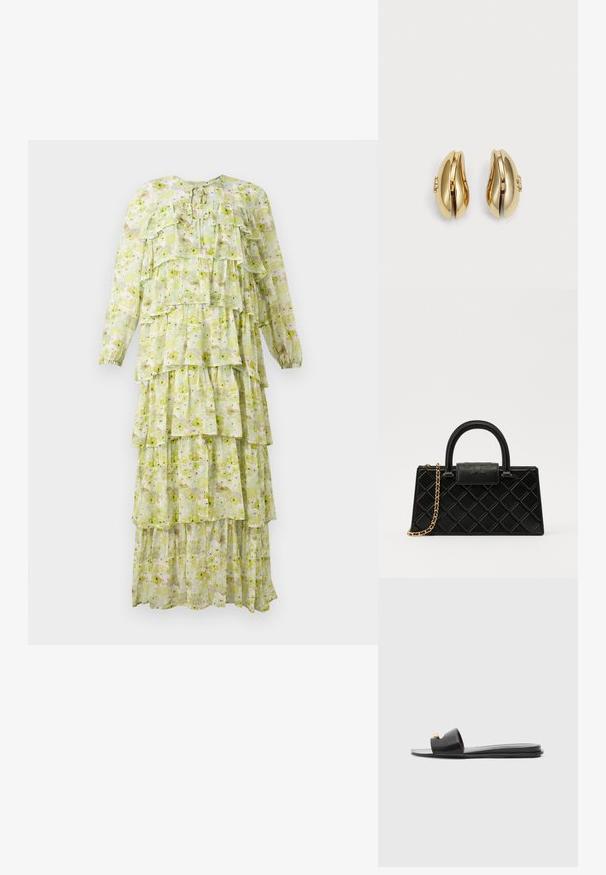 Warstwowa maxi sukienka z lekkiego materiału, w kwiatowe wzory w odcieniach zieleni i żółci, z długimi rękawami i okrągłym dekoltem.; Czarne klapki z szerokim paskiem, gładką skórzaną fakturą, odkrytymi palcami oraz złotym akcentem na pasku. Płaska podeszwa.; Czarna torebka wykonana z fakturowanej skóry, z wzorem w romby, złotą łańcuszkową rączką oraz górnym uchwytem z klapą z wytłoczonym logo.; Złote kolczyki o płynnej, zakrzywionej formie. Każdy kolczyk ma gładką powierzchnię i mały zapięcie z dekoracyjnym detalem.