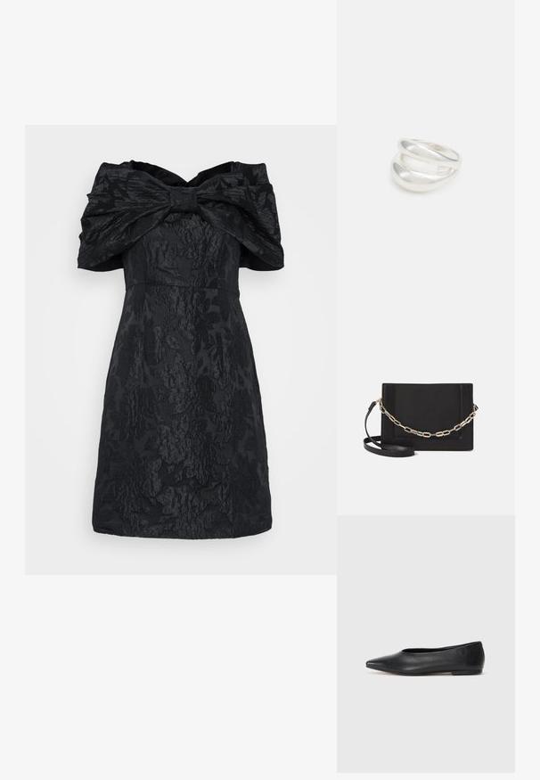 Melns kleita ar rakstainu ziedu motīvu, bez plecu izgriezuma un lielu loku detalizācijām ap kaklu. Īsa garuma.; Melna ādas baleta kurpe, ar norādītu purngalu, minimālisma dizains, gluda tekstūra, zema papēža augstums, bez redzamiem aksesuāriem vai rotājumiem.; Melna ādas crossbody soma ar gludu faktūru, taisnstūrveida formu un metalizētu ķēdes detaļu priekšā. Iekļauta regulējama siksna.; Sudraba divu joslu gredzens ar gludu, pulētu virsmu. Iezīmējas ar plūstošu, izliekta dizaina struktūru ar pārklājošām sekcijām modernam izskatam.