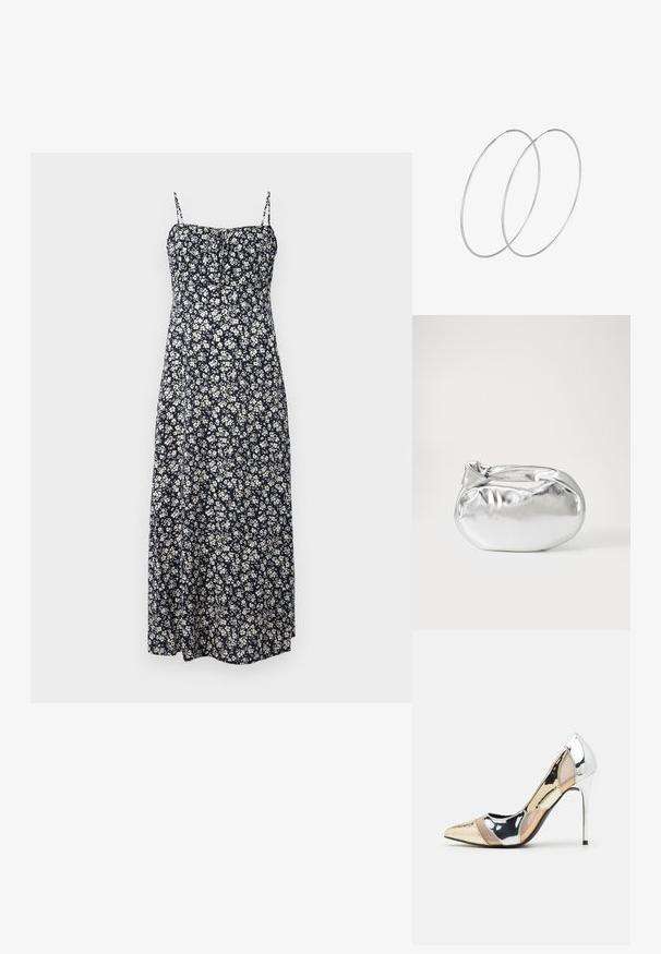 Tume lilleline maksikleid, millel on reguleeritavad spagetitribid, valgete lillemustritega, läikiv vöökoht ja voolav äär.; Kitsas toe kõrge kontsaga kingad, millel on hõbedane, kuldne ja nude värvilahendus. Läikiv viimistlus lõikekujundusega, stiletto konts.; Hõbedane metallikoti kott pehme, ümar kuju ja sõlme ülemise sulgemisega. Valmistatud siledast kunstnahast materjalist.; Hõbedased rõngastikkaehingad minimalistlikus disainis. Ümar kuju, sile tekstuur ja õhuke profiil. Kerged ning poleeritud viimistlusega.