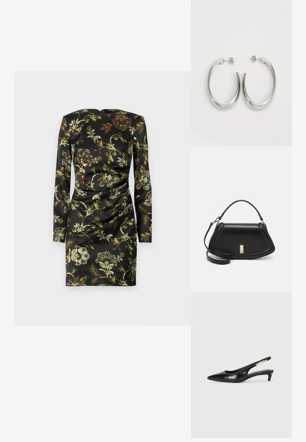 Black, long-sleeve dress featuring a floral pattern in gold and green, made from smooth fabric with a gathered detail at the waist.; Black leather slingback heels with a pointed toe, featuring a slim heel and a gold-tone accent on the adjustable strap. Smooth texture.; Black leather handbag with a structured design, featuring a cropped shape, top handle, and gold hardware accent. Adjustable shoulder strap included.; Silver hoop earrings with a smooth, curved design. Features a shiny metallic finish and stud closure. No visible patterns or accents.
