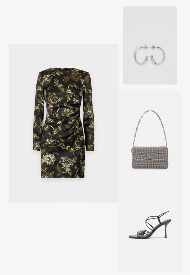 Rochie neagră cu mâneci lungi, având un model floral în nuanțe de aur și verde, confecționată dintr-un material fin, cu detalii plisate la talie.; Sandale negre cu toc înalt au curele subțiri cu un design legat, un vârf pătrat neted și un toc stiletto elegant.; Geantă metalică gri deschis, cu un strap din lanț, decorată cu mici ținte circulare metalice și un logo de marcă triangular.; Cercei rotunzi din argint cu un finisaj neted și strălucitor. Design ușor, având o formă rotundă și închidere cu tijă.