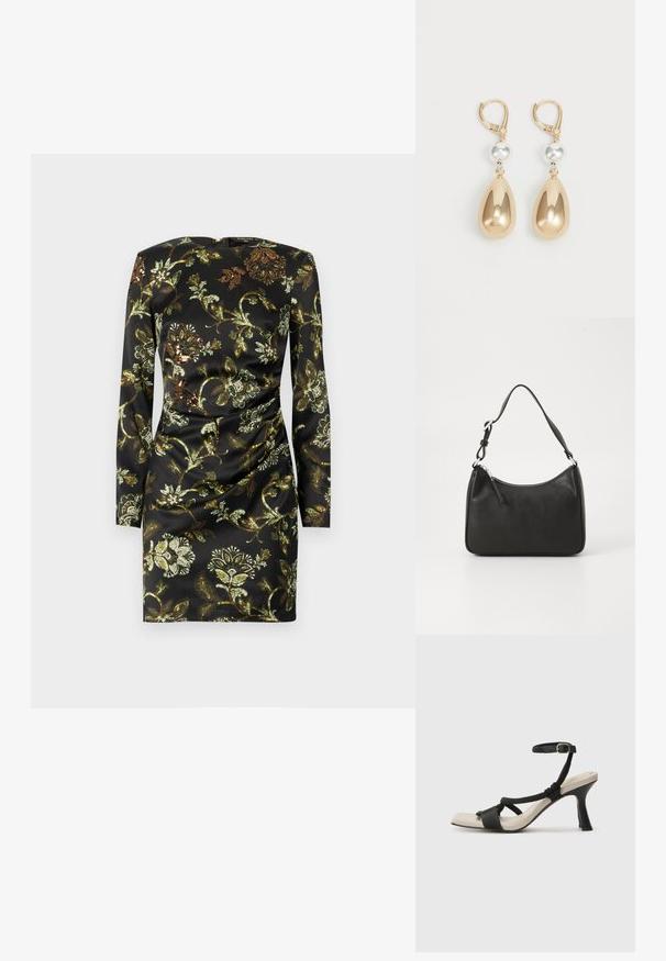 Sort langærmet kjole med et blomsterprint i guld og grøn, lavet af glat stof med en rynket detalje i taljen.; Sorte hælede sandal med flettet remdesign, firkantet tå og justerbar ankelrem. Lys beige fodseng med en blank sort hæl.; Sort læderhåndtaske med en buet form, en enkelt rem, lynlås lukning og diskret branding på forsiden. Glat tekstur, minimalistisk design.; Guldfarvede hængeøreringe med en tåreform, der har en skinnende metallisk overflade og en sølvfarvet perleaccent.