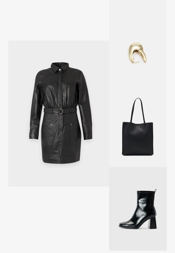 Svart skinnkjole med krage, knappelukking, elastisk midje, belte med rund spenne, og to frontlommer.; Svart patent ankelstøvel med firkantet tå og chunky geometrisk hæl. Har en jevn, shiny tekstur og en rear pull tab for enkel påkledning.; Svart lær tote bag med glatt tekstur, rektangulær form og to lange håndtak. Ingen synlige deler eller dekorasjoner.; Gullfarget metalløredobber med et elegant, buet design. Har en karakteristisk spiss form, polert overflate og hengsel-lukking.