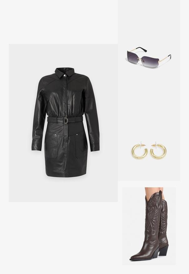 Mustap leatherpaita-mekko, jossa on kaulus, napitettava etuosa, joustava vyötärö, vyö pyöreällä soljella ja kaksi etutaskua.; Ruske nahkasaappaat, joissa on terävä kärki ja laatikkokorko, varustettu yksityiskohtaisella ompelulla ja kohotetuilla yksityiskohdilla varsiosassa.; Aurinkolasit, joissa on harmaan sävyttävä linssi, kultainen metallirunko ja mustat muoviyksityiskohdat. Yksilölliset perhosenkoukkutyyppiset linssit, joissa on ohuet varret.; Kultaketjut kullasta, joissa on sileä, kiiltävä pinta. Pyöreä muotoilu, jossa on pieni tappi ja kirkas taustalevy turvalliseen käyttöön.